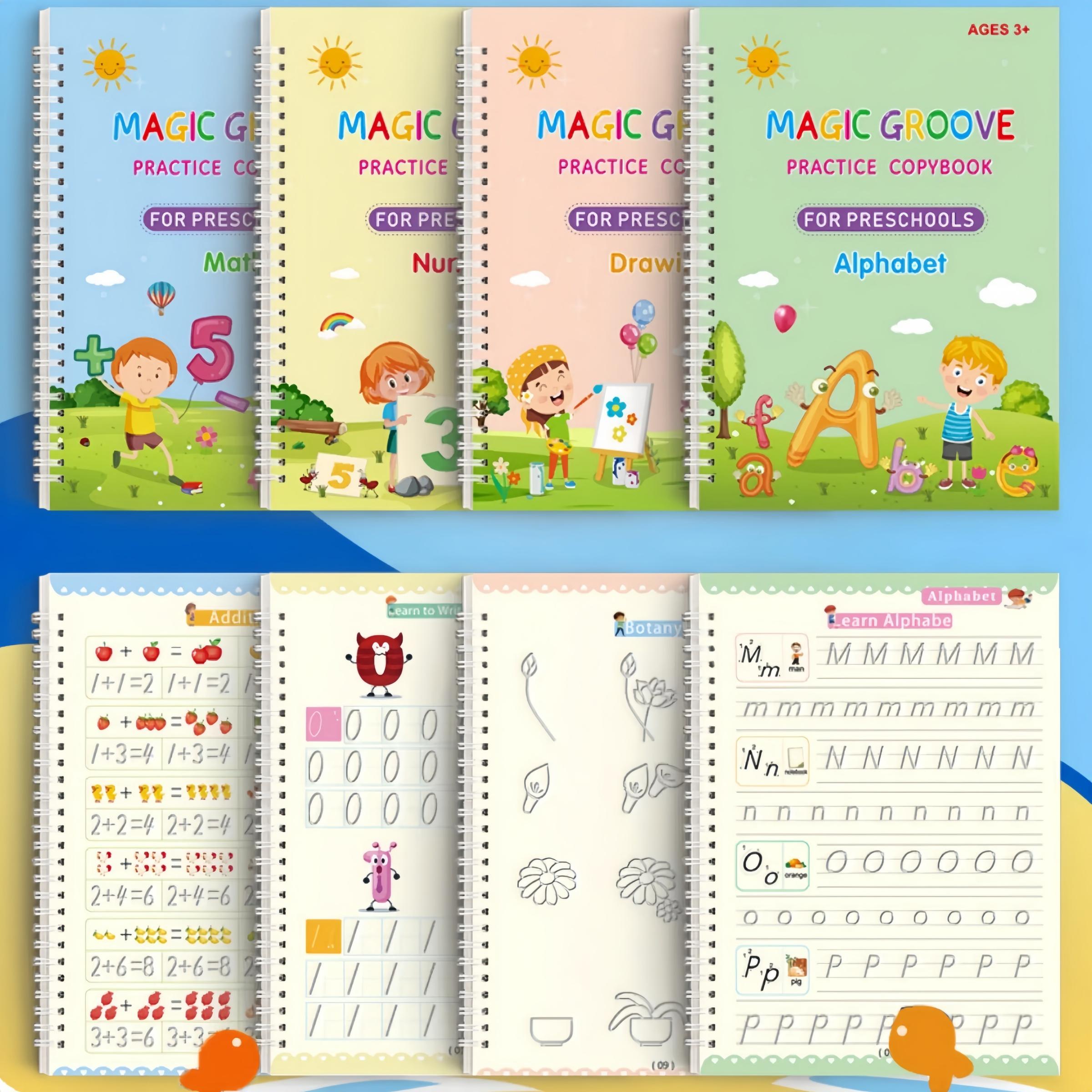 Magic Practice Scribe Book Set, 4 Counts/set Reusable Number & Letter & Math & Drawing Practice Scribe Book with 1 Count Pen, 10 Counts Refills & 1 Count Pencil Grip, Tracing Preschool Books