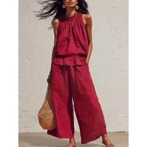 Two-Piece Set Linen Blend Sleeveless, Womens Wide Leg Pants Outfit Breathable Lightweight Vacation