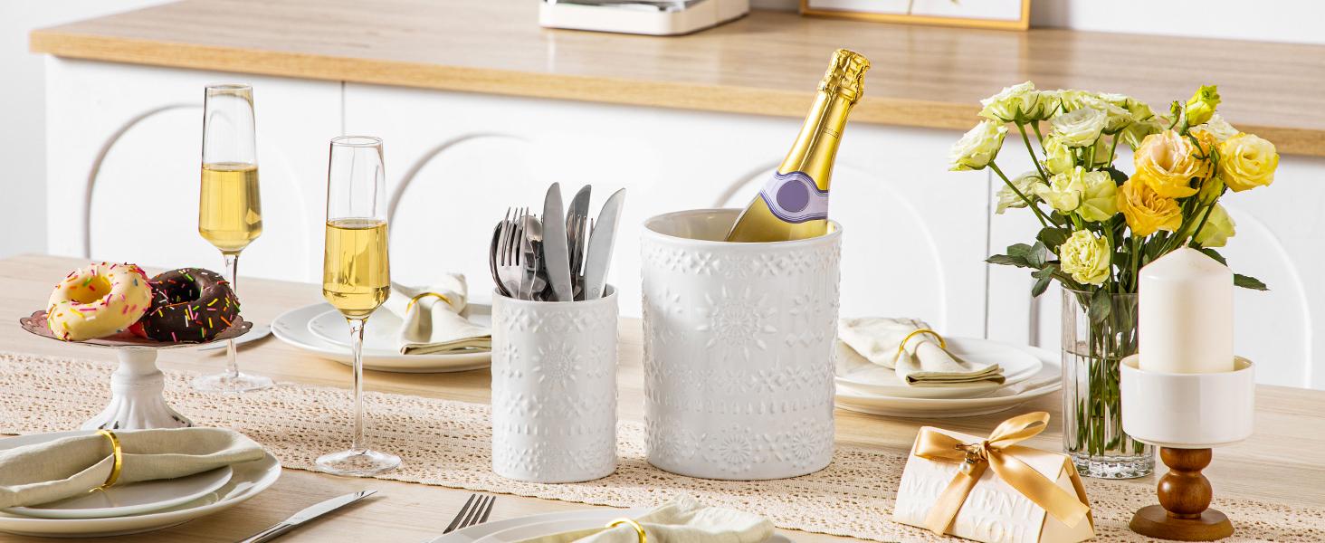 Utensil Holder, 7.2"+5.4" Ceramic Utensil Holder for Countertop, Large Cooking Utensil Crocks for Kitchen Counter, Farmhouse Utensil Vase for Housewarming, Kitchen Decor, Set of 2, Snow