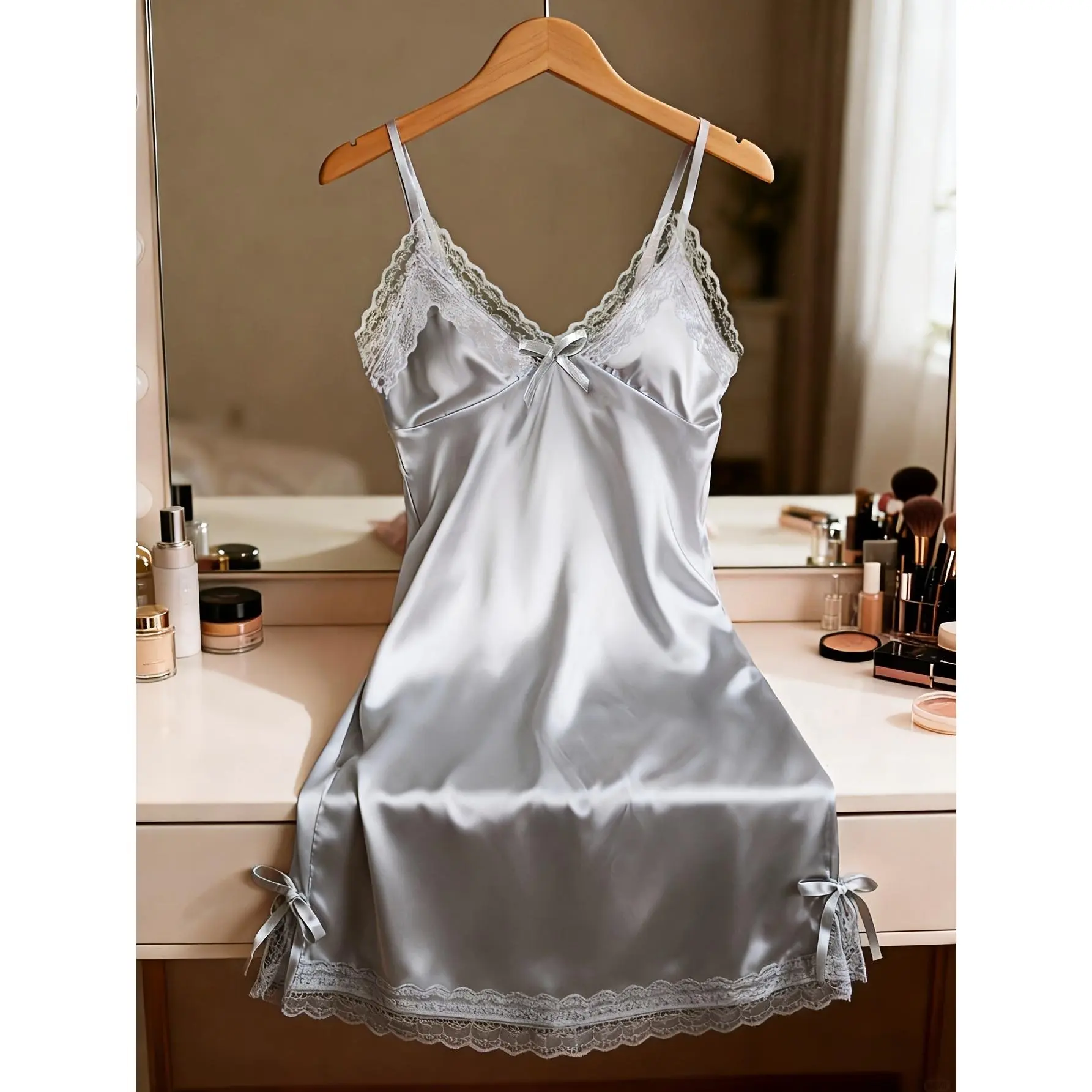 Wedding And Honeymoon Special Nightgown, Romantic Wedding Night Bridal Loungewear, Lace Deep V Neck Split Cami Dress, Pure Desire Sexy Bridal Sleepwear