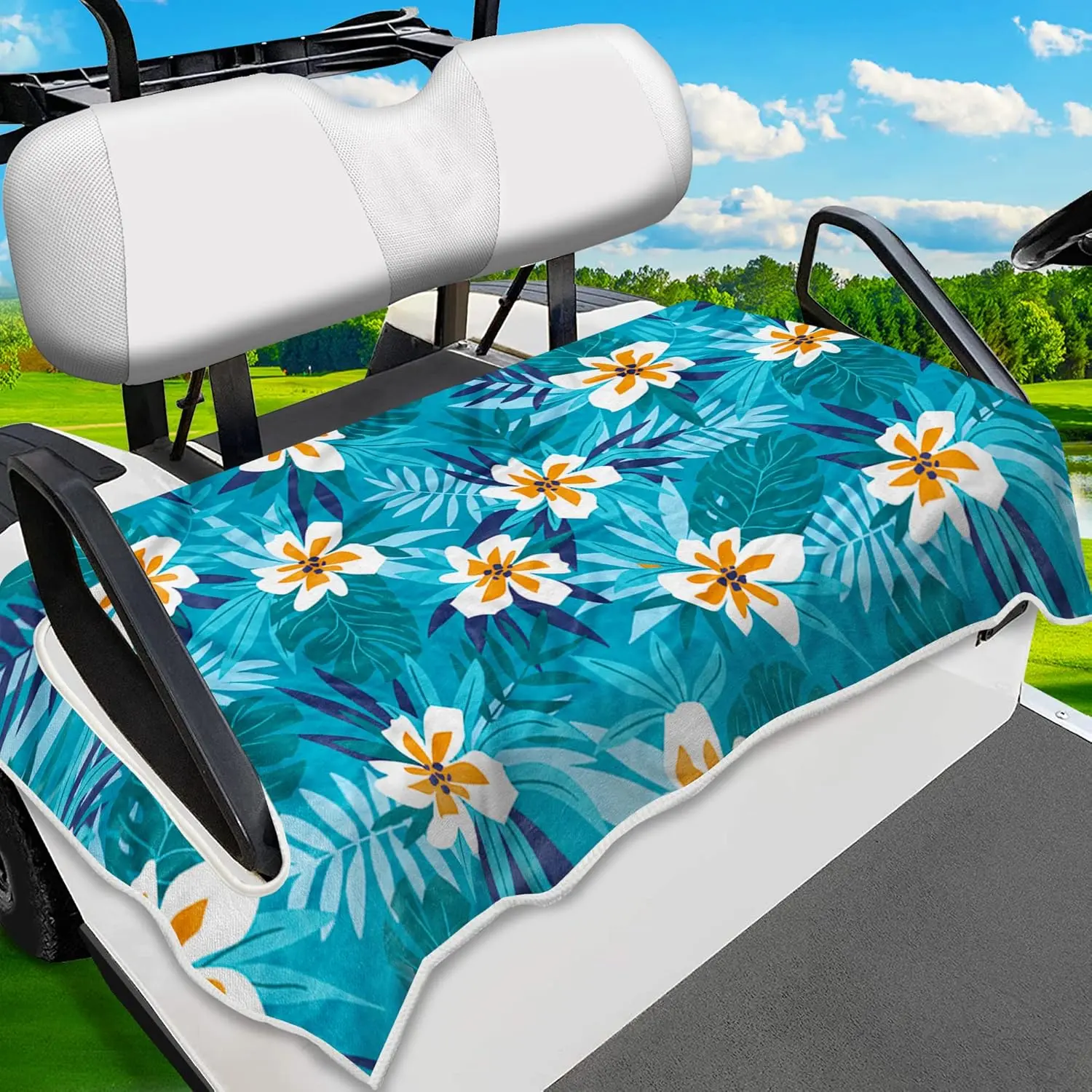 Golf Cart Seat Covers, Blue Flowers Golf Cart Seat Towel Blanket for All EZGO, Yamaha, Club Cars, Icon and More 2/4-seats Cart, 100% Microfiber, Essential Golf Cart Accessories, 51'' x 31'',summervibes