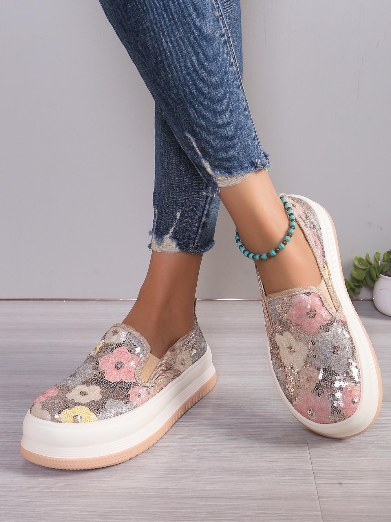 Fashionable Ditsy Floral Pattern Sequin Decorated Slip on Thick-soled Slipon Sneakers, Casual Comfortable Round Toe Low Top Shoes for Women, All-match Commuter Shoes for Work & Daily Wear