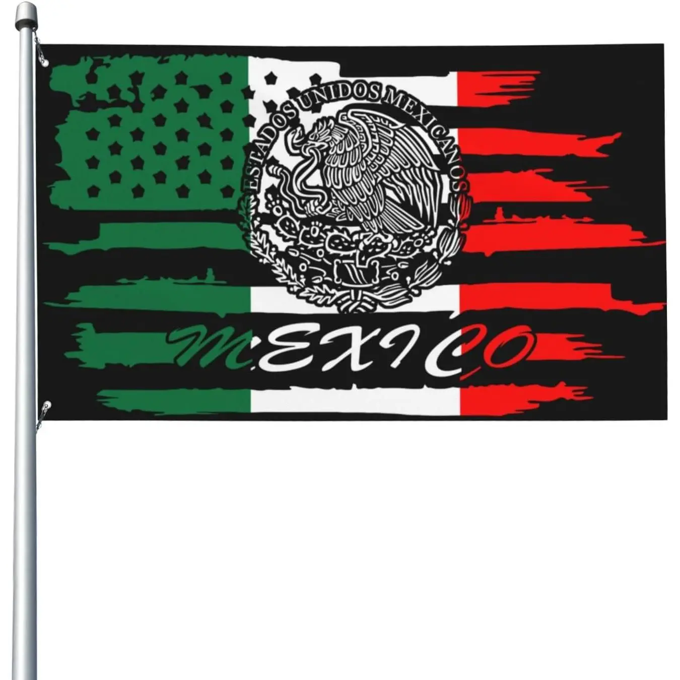 Vintage Brush Stroke USA Mexico Fusion Flag Black Base Green White Red Star Field Eagle Emblem Mexico Text Print Retro Patriotic Wall Banner