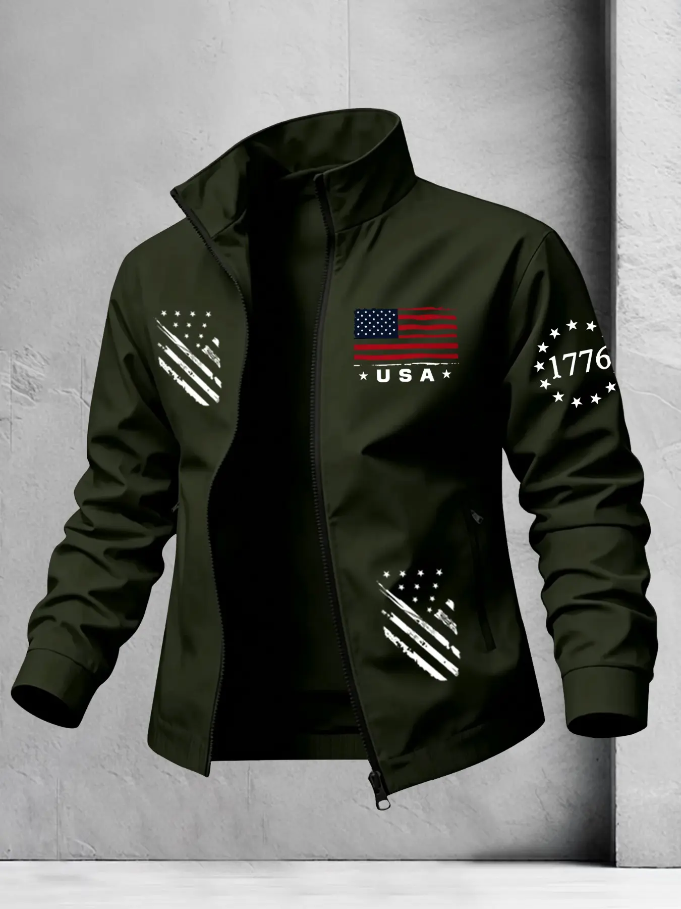 Men Stand Collar Zip Up Lightweight Jacket, Vintage Distressed USA Flag 1776 Star Print Casual Windbreaker Coat Loose Fit Outdoor Daily Patriotic Street Outerwear For Trendy Men #USFlagJacket #PatrioticOuterwear #1776VintageCoat