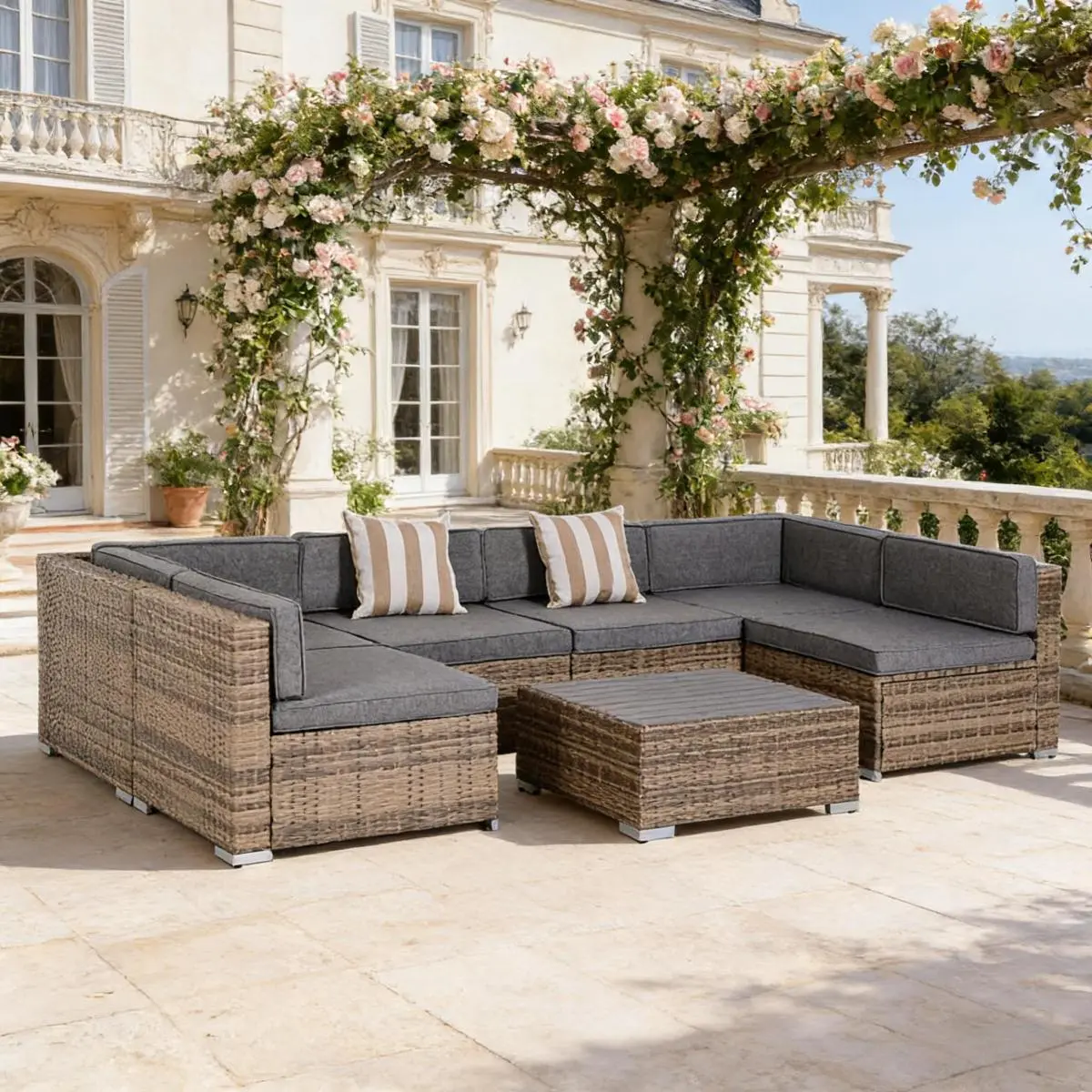 Aobtkel 7-Piece Outdoor Rattan Sectional Sofa Set - 6-Seat Steel Frame Conversation Set, 25.5" Seats, Removable Covers