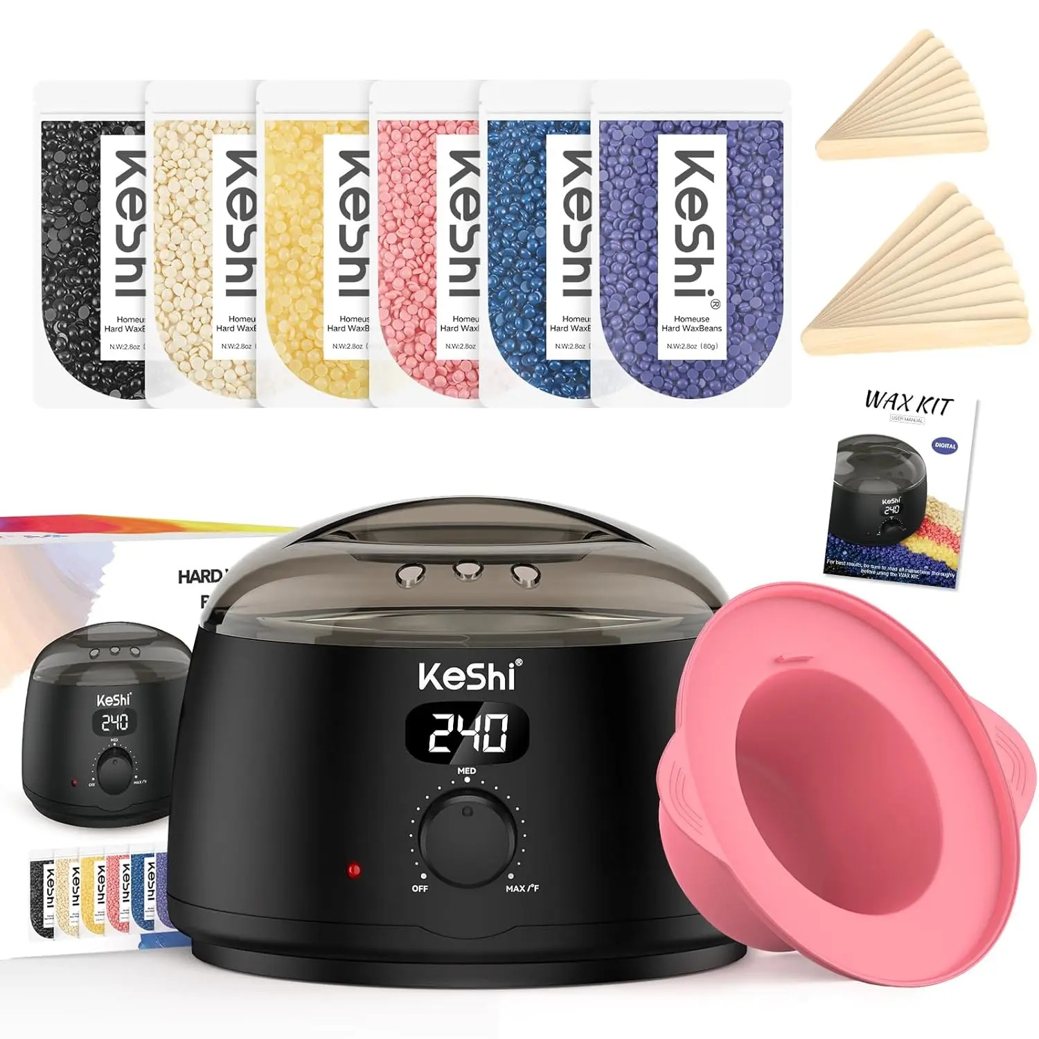 KeShi Waxing Kit for Women and Men, Digital Wax Warmer with 6 Bags Hard Wax Beads, at-Home Hair Removal Wax Kit for Full Body, Face, Eyebrow, Bikini, Legs, Brazilian Sensitive Skin