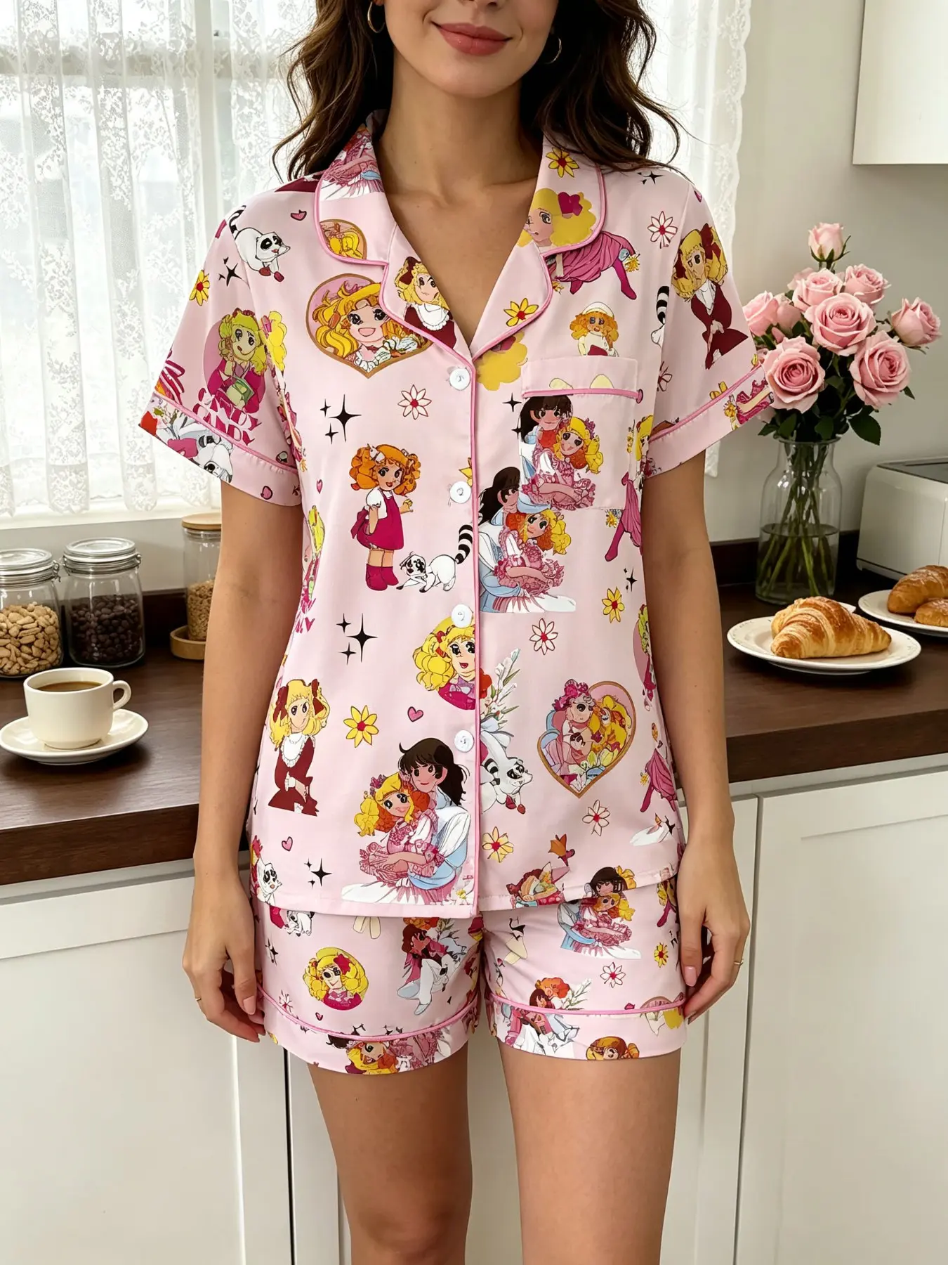 Adorable Cartoon Girl Anime Print Women's Pajama Set, Comfortable Two-Piece Sleepwear Loungewear, Short Sleeve Button-Up Top and Elastic Shorts, Casual Home Wear Gift, Cute Pajama Sets