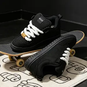 All Black Suede Skate Shoes Unisex Chunky Thick White Rope Laces Solid Black Platform Sole Minimalist Streetwear Casual Board Sneakers for Men Women Teens