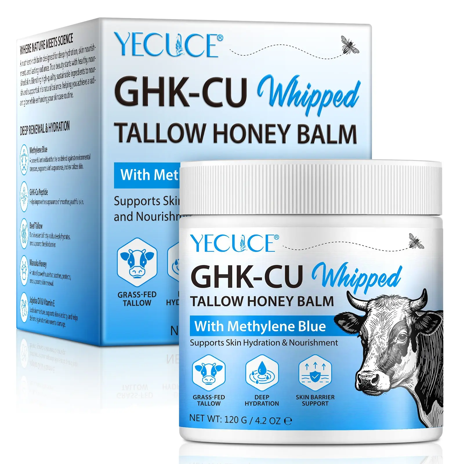 Ghk-Cu Collagen Peptide Grass-Fed Beef Butter Honey Balm, Beef Tallow Balm, Pure Beef Fat Body Moisturizer, Antioxidant Rich, Non-Greasy, Smooth Skin