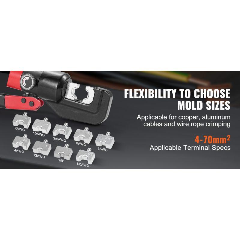 VEVOR Hydraulic Crimping Tool with 9 Sets of Dies AWG12-2/0 Copper And Aluminum Terminal Battery Lug Crimper, with a Cutting Pliers, Gloves, 5pcs Copper Ring Connectors, 8pcs Heat Shrink Sleeves