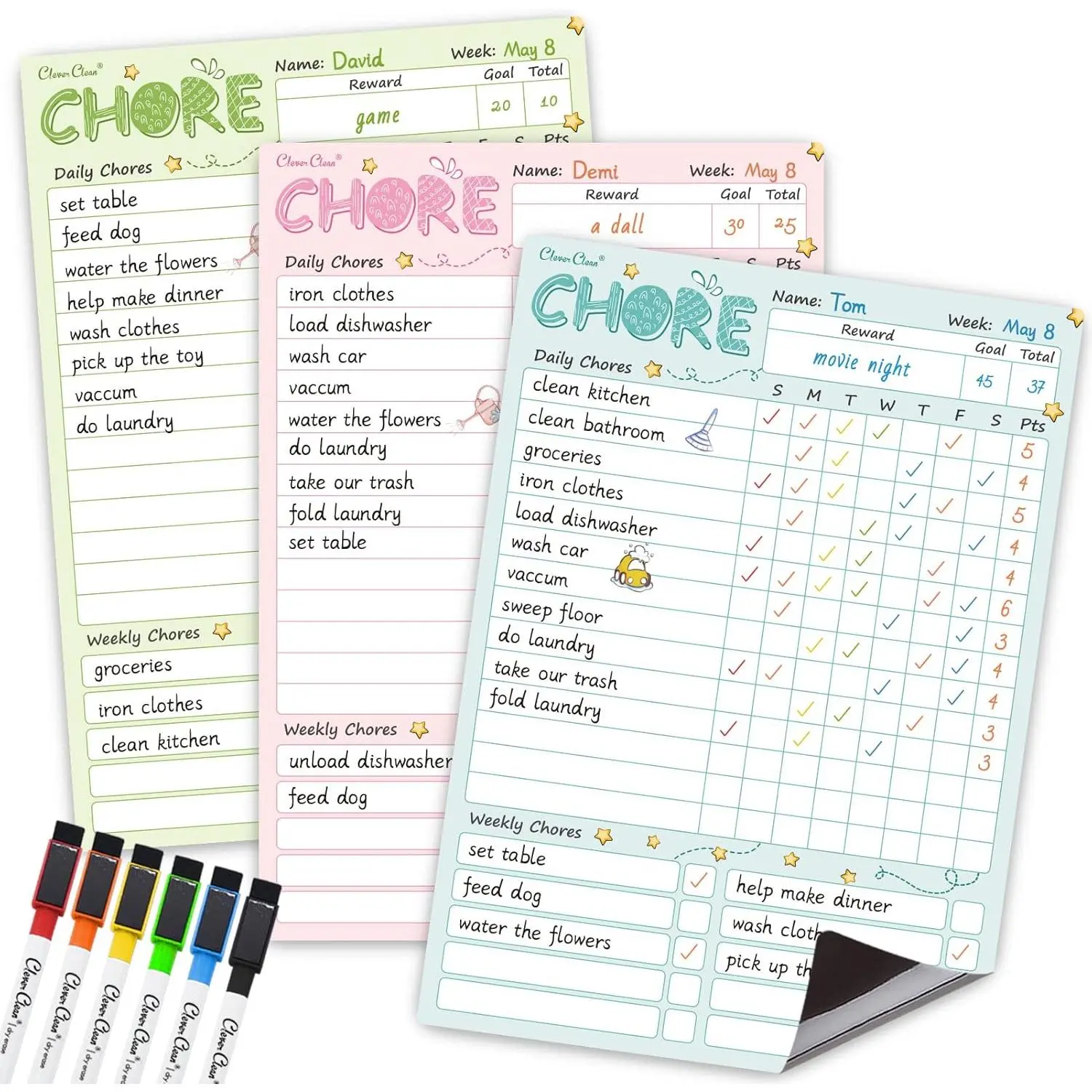 Magnetic Dry Erase Chore Chart - 8.5"x12" Behavior Responsibility Chore Board for Kids, Teenagers - 6 Extra Fine Point Markers Included - Shipped Flat 3 Pcs Blue Pink & Green