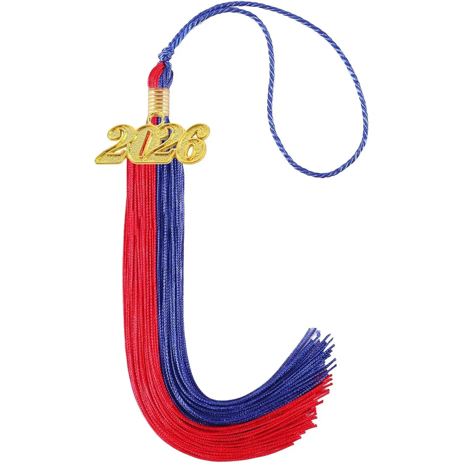 2026 Graduation Tassel, 9" Double Color Royal Blue and Red Tassel with Gold Year Charm