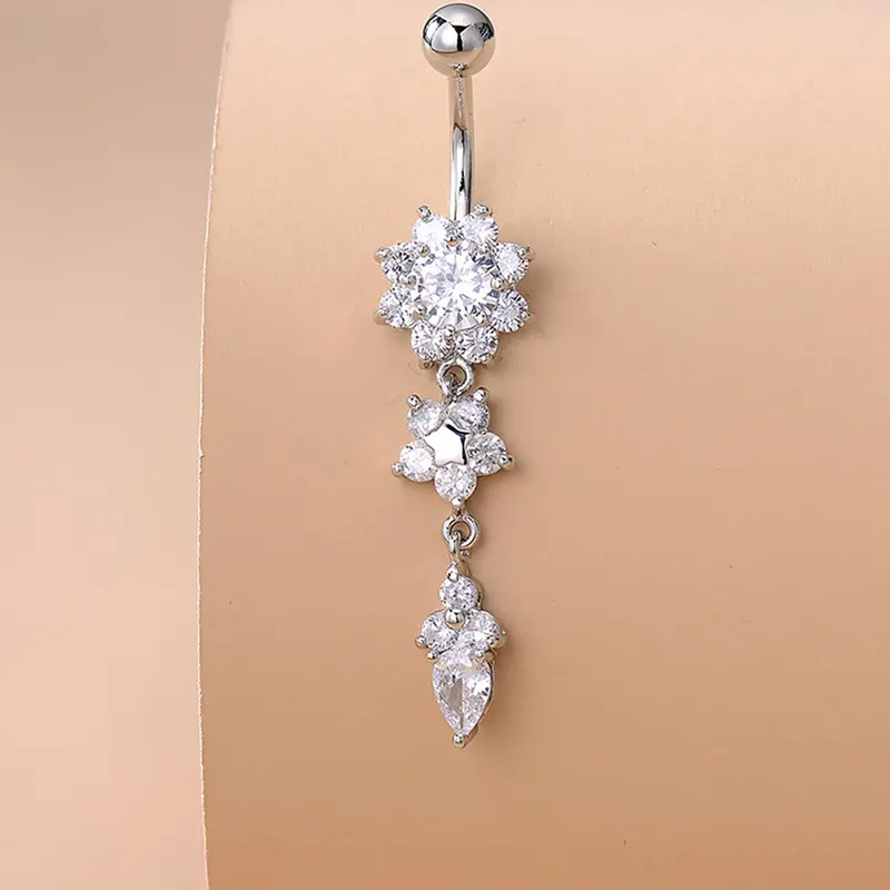 Luxury Fashion Flower Long Zircon Cubic Zirconia Belly Button Ring Navel Piercing Jewelry for Women, Chic Body Jewelry, Casual Ditsy Floral Design, Copper Material, All Seasons Jewelry, Body Jewellery