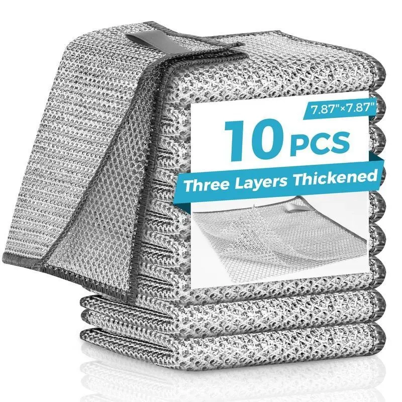 10 Pcs New Upgrade3-Layermetal Dish Cloth, No Scratches and�� No Odor�� Multipurpose Wire Dishwashing Rag for Wet and Dry,Kitchen Cleaning DishRags,Sinks, Dishes,Stove Top,Dimensions(7.87X7.87)Gift