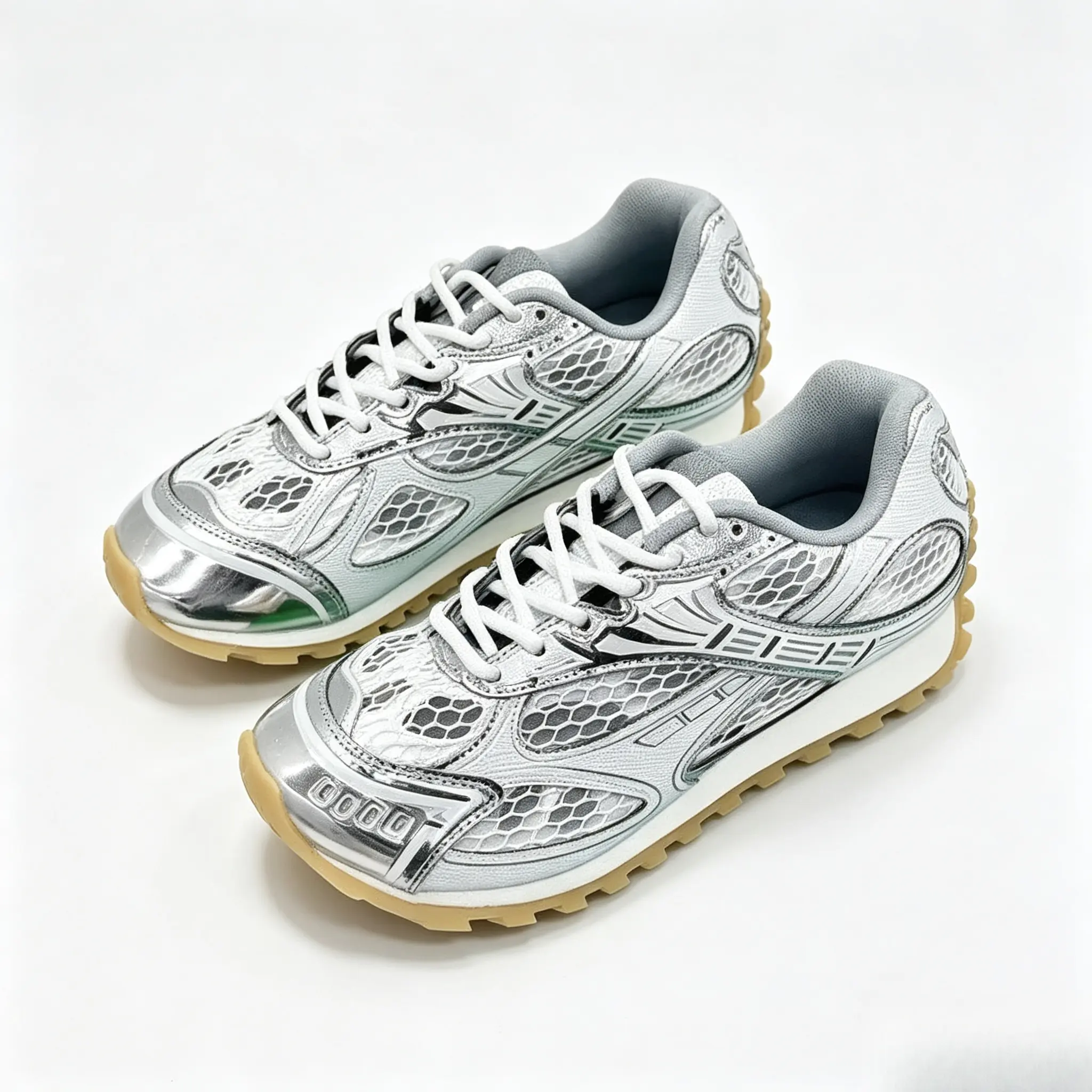 Metallic Silver Mesh Retro Running Sneakers For Men Women Breathable Hollow Grid Mesh Upper Shiny Silver Mirror Toe Cap White Flat Laces Light Grey Soft Ankle Collar Gum Rubber Rugged Outsole Vintage Street Athletic Trainers Daily Walking F