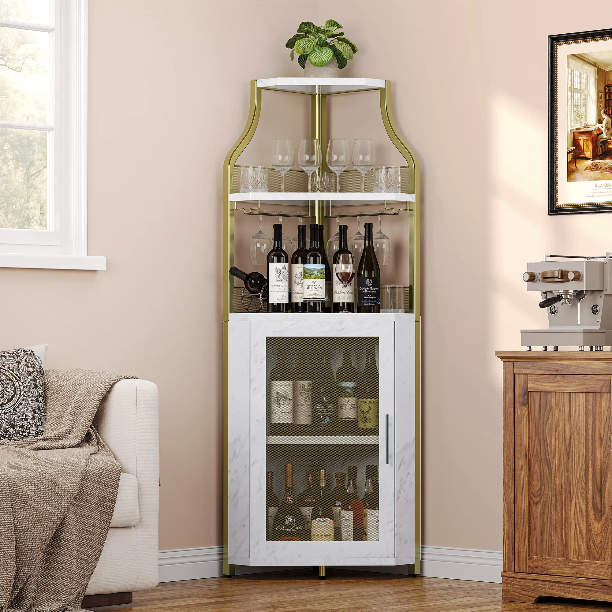 Corner Wine Cabinet with Detachable Wine Rack, 5-Tier Industrial Corner Bar Cabinet with Barn Door and Glass Holder, Farmhouse Buffet Cabinet and Home Bar, Gold