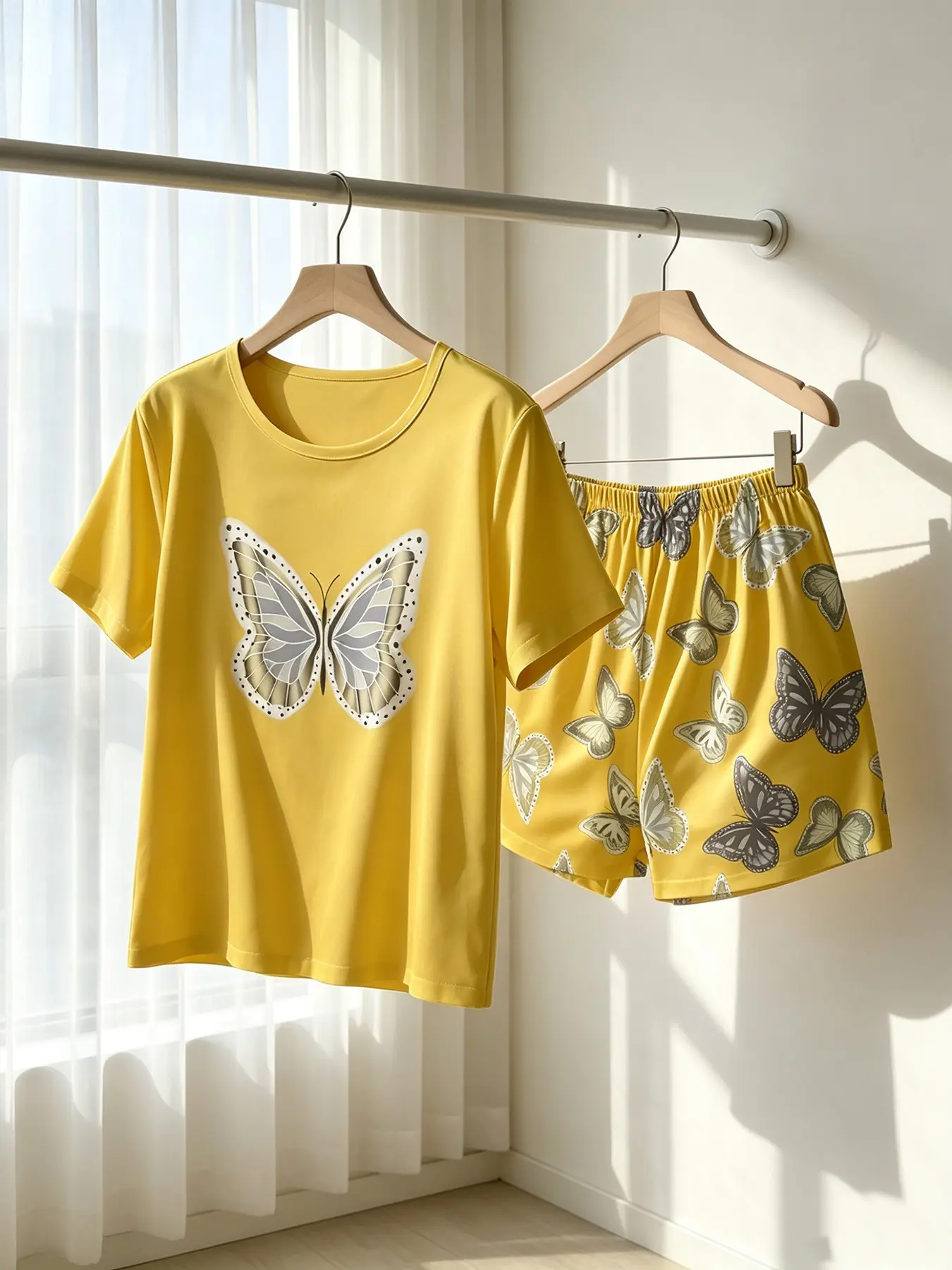 Women's Crew Neck Short Sleeve Top & Shorts Pajama Set, Yellow Grey Butterfly Print, Spring Summer Wear, Loose Fit, Cozy Loungewear Sleepwear, Y2K Aesthetic Vintage Girly Casual Loungewear
