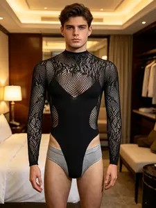 Sexy Mesh Long Sleeve One-Piece Men's Lingerie, Knitted Transparent Elastic Clothing, Trendy Underwear for Adults
