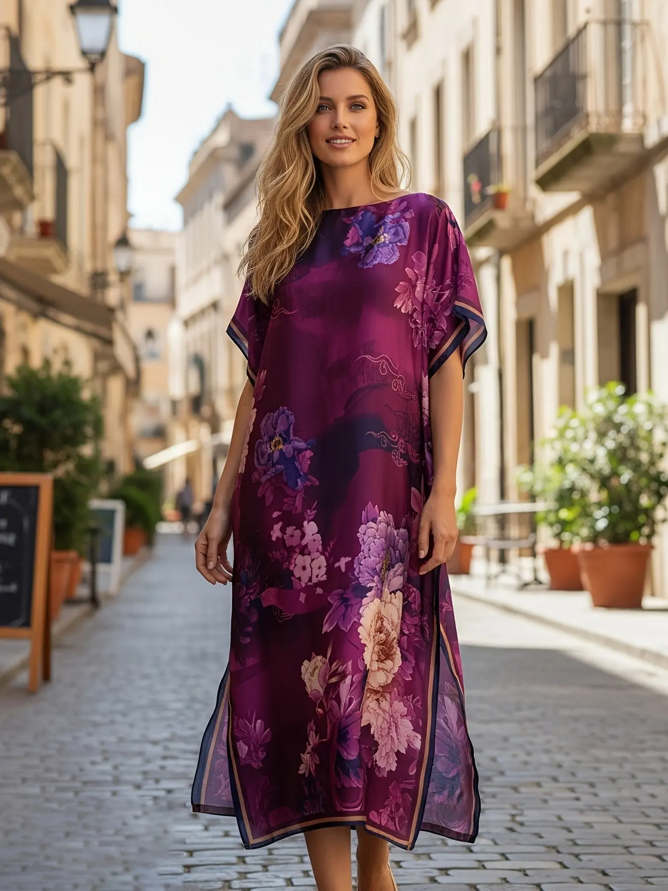 Women Purple Floral Casual Loose Fit Printed Caftan Dress Short Sleeve Loose Fit Maxi Loungewear Vacation Beach Cover Up
