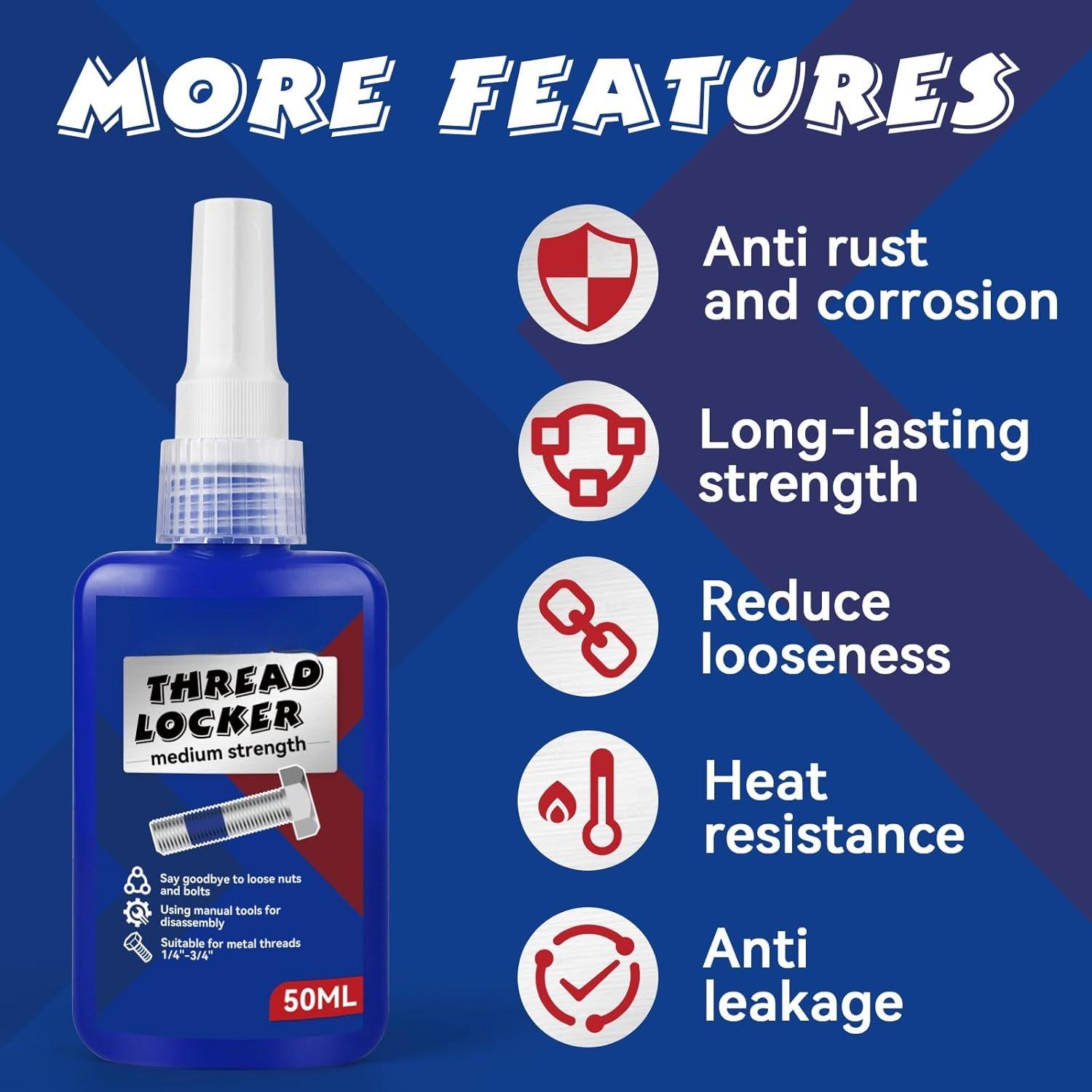 Thread Lock Blue and Red, Threadlocker Medium and High Strength, Thread Locker for Nuts, , Fasteners and Metals, Against Losening and Leakage (Medium-50ml2pack)
