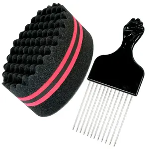 Afro Hair Styling Set: Curl Sponge & Stainless Steel Pick Comb – Soft Foam Tool for Curly Hair/Dreads/Waves, Black, Hair Styling Combs, Curl Hair Brush, Curl Defining Brush