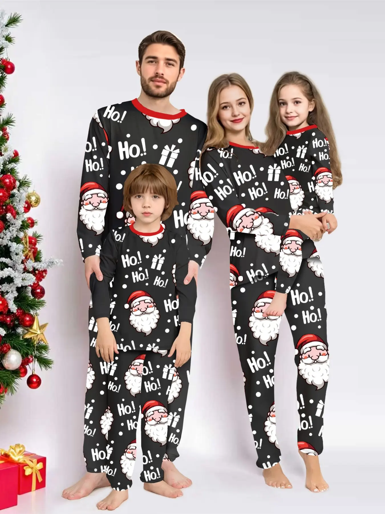 2-Piece Christmas Pajama Set, Santa Print Couples Sleepwear, Men Women Kids Holiday, Loose-Fit Casual All-Season Clothing