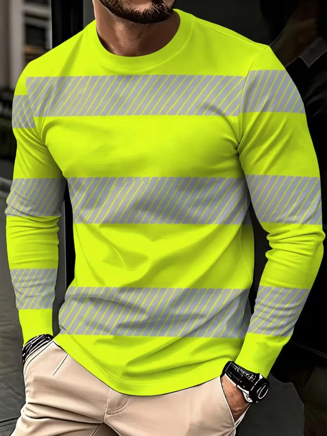 Men's Fluorescent Reflective Stripe Digital Print Round Neck Long Sleeve T-Shirt, Casual and Workout Top, Spring and Fall Streetwear