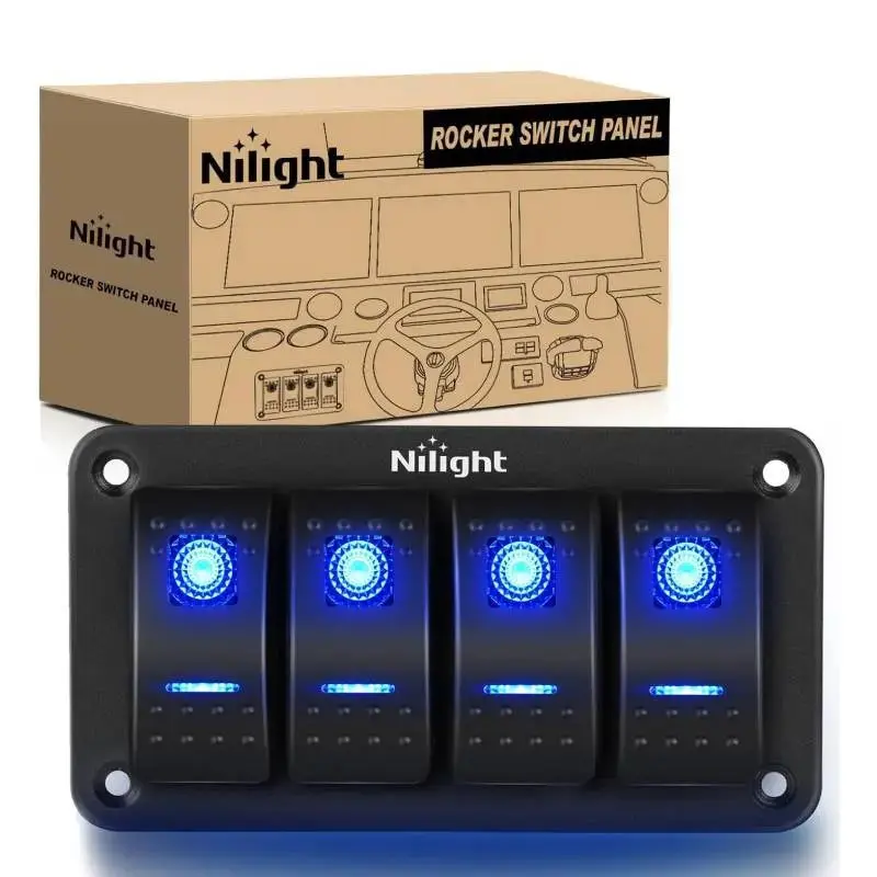 Nilight Metal 4-Gang 5-Pin Blue Backlighted ON/OFF Rocker Switch Panel - Pre-Wired, 5"x2.75"x2.6" ABS, Easy Disconnection, for 12V-24V Motorcycles, Boats, Buses, with 2 Sets of DIY Stickers
