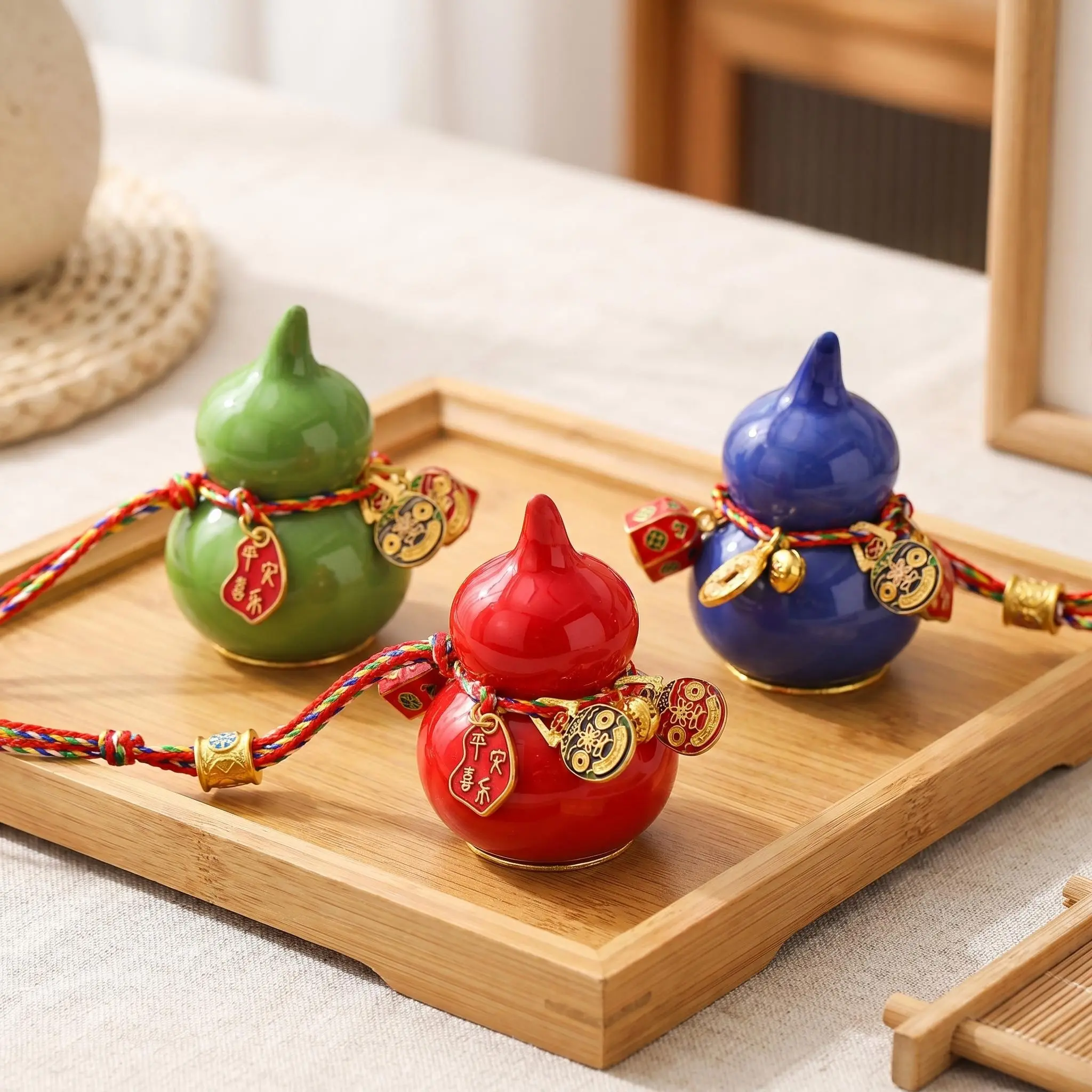 Glossy Gourd Shaped Hanging Ornament, 3 Colors Optional Oriental Auspicious Calabash Pendant with Braided Rope, Coin & Peace Tag Decor, Embossed Wealth Character Golden Coin Base, Car Charm & Hanging Decor Carrying Wishes for Safety & Joyful Life