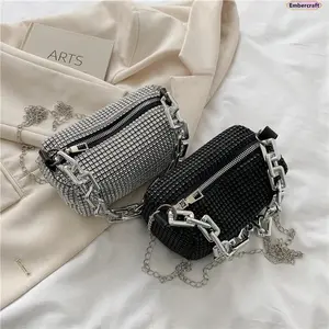 Women's Embercraft Cowhide Rhinestone Athletic Baguette Bag - Sleek Silhouette, Sparkly Crossbody Purse with Detachable Elegant Chain Strap, Secure Zip, Ideal for Nights Out, Trendy Party Accessory