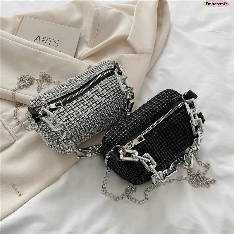 Women's Sparkly Crystal Detail Plain Baguette Bag, Sleek Detachable Chain Strap Crossbody & Shoulder Purse for Parties, Weddings, Perfect for Nights Out, Sleek Baguette Silhouette, Preppy, Zipper, Leather, Chain Straps Women's Crossbody & Shoulder Bags, C