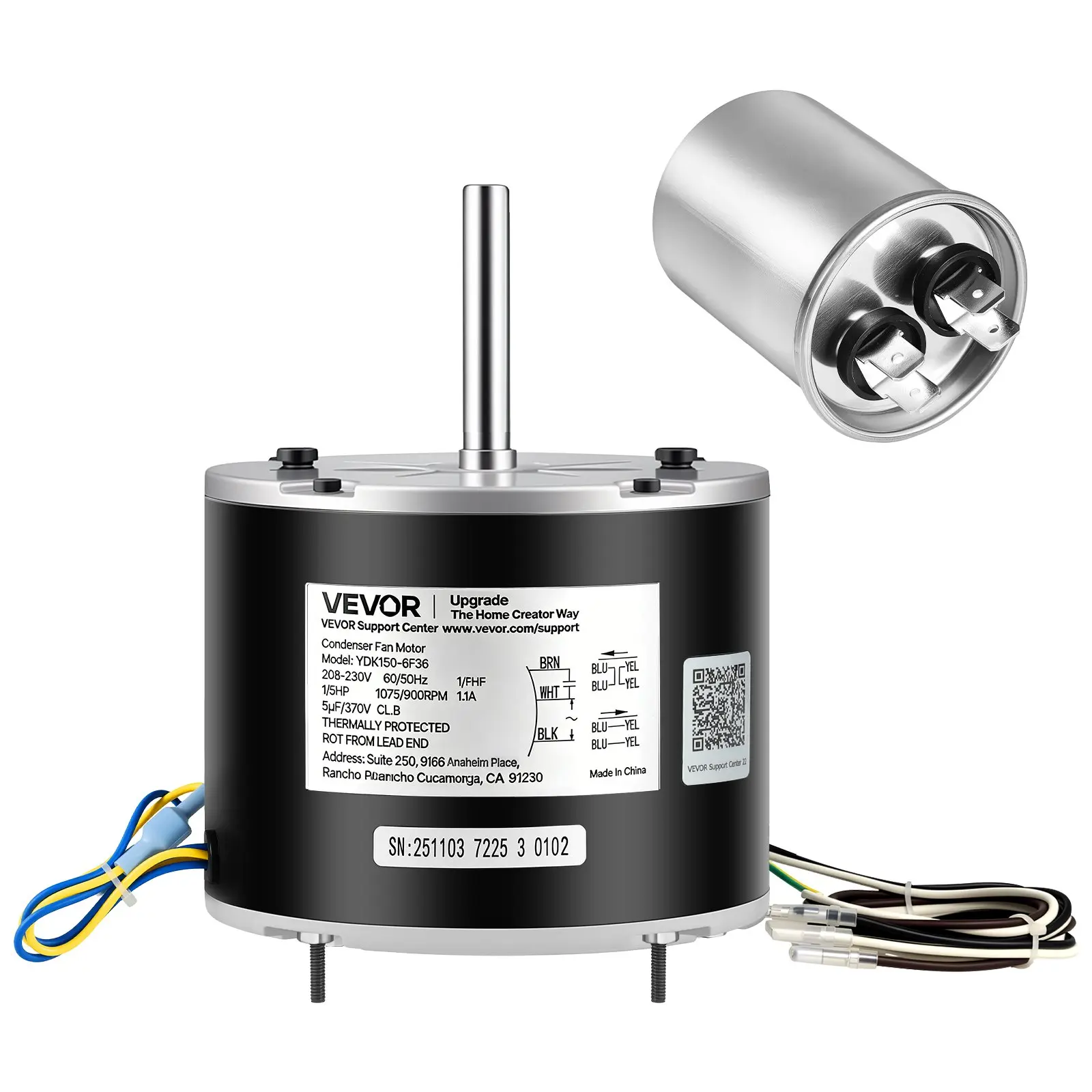 Condenser Fan Motor with Capacitor, 1/5HP 1075/900RPM 208-230V, Replaces 12Y75, 97M49, 100483-02, 43W49, Compatible with Lennox Interlink Emerson K48HXGCK-4210 K48HXGFG-4294 YFK-150-6