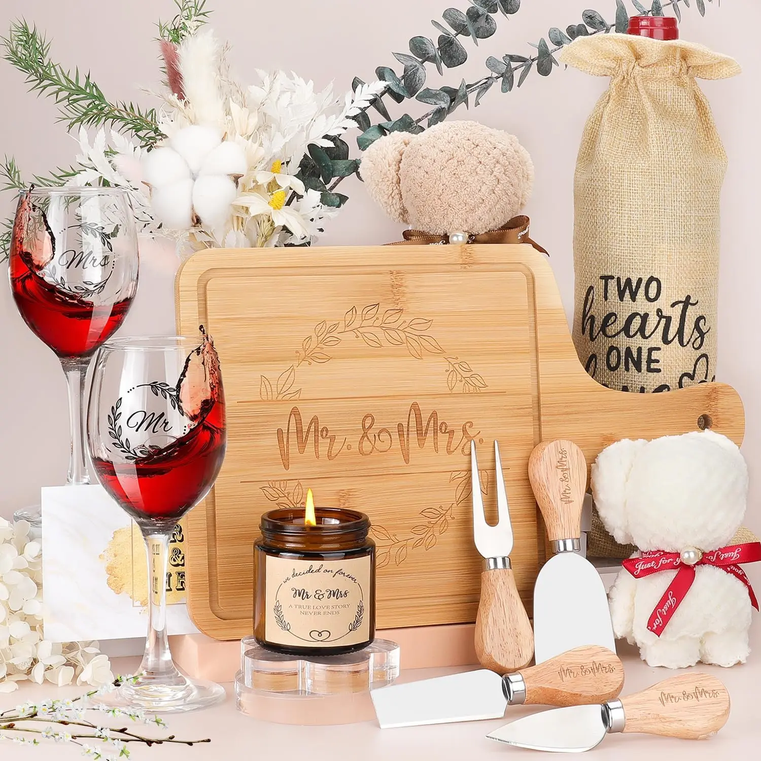 Wedding Gifts for Couples 2026,Gifts for Couples,Bride Gift,Newlywed Mr and Mrs Present,Bamboo Serving Board Candle Basket for Husband Wife