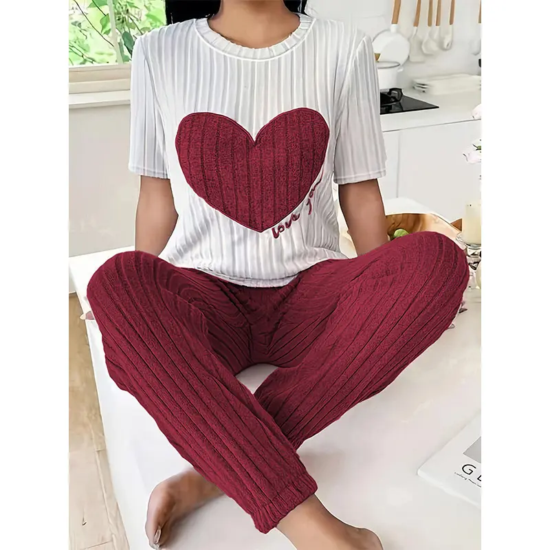 Women's 2 Piece Pajama Set, Ribbed Short Sleeve Heart Graphic Crew Neck Top & Elastic Waist Long Pants, Soft Cozy Lounge Sleepwear, Cute Matching PJs, Casual Homewear Outfit for Bedroom, Relaxing, Weekend Lounging & Travel