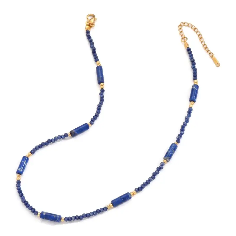 Women's Blue Crystal Natural Stone Handmade Beaded Necklace - Minimalist Chic French Style,  Pendant, Adjustable Length Alloy Metal Chain, Everyday Wear Essential, Avoid Moisture,  Shape, Geometric Shape