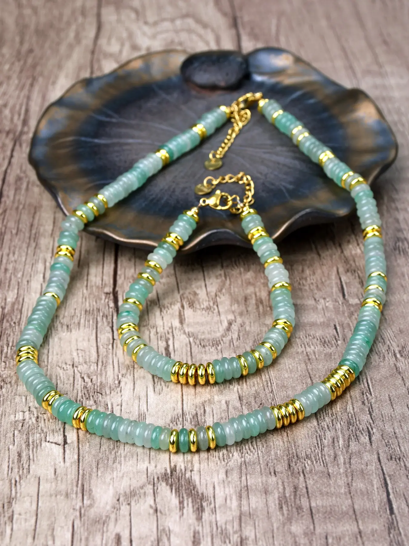 Boho Aventurine Necklace Bracelet Set, Y2K Fashion Natural Stone Jewelry, Party Wedding Gift, Handmade Crafted Accessories