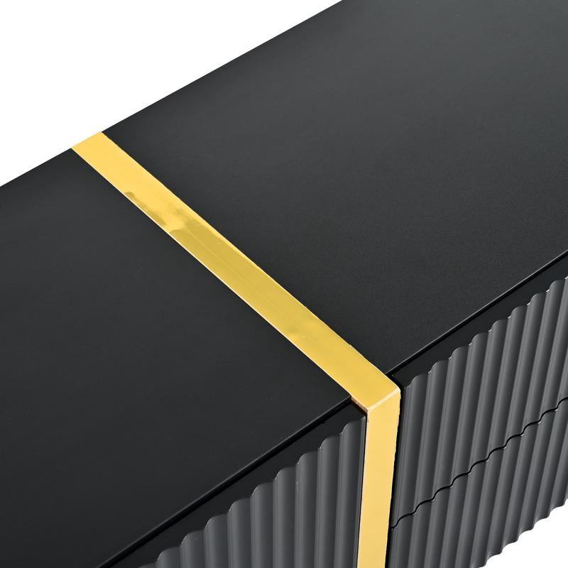 Bellemave]ON-TREND Luxury Fluted TV Stand for TVs Up to 80'', Modern Entertainment Center with Storage Cabinets & Drawers, Smooth Media Console with Golden Wood Grain Legs for Living Room, Black