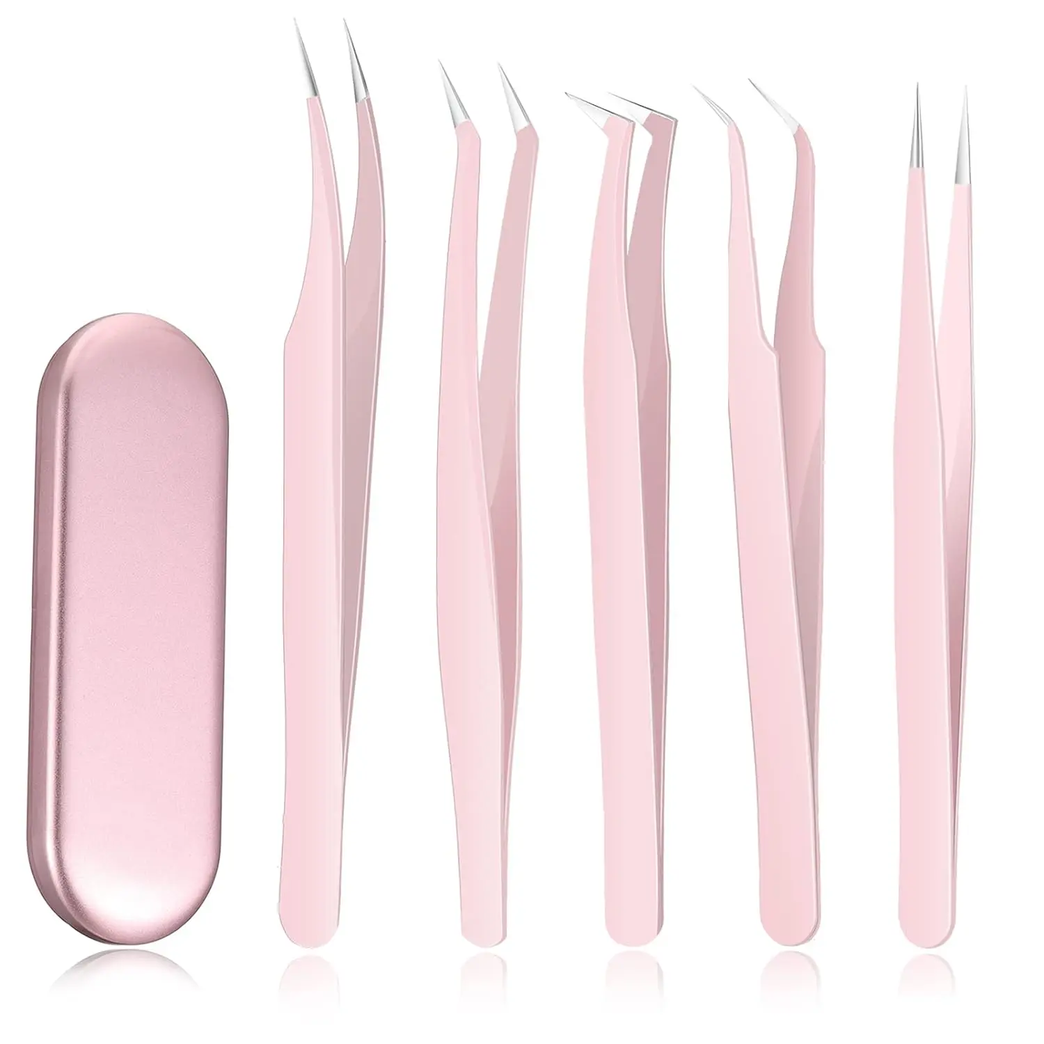5 Pcs Eyelash Extension Tweezers Volume Lash Tweezers Eyelash Extensions with Box Stainless Steel Pointed for Women Lash Extension Tools Supplies(Pink)