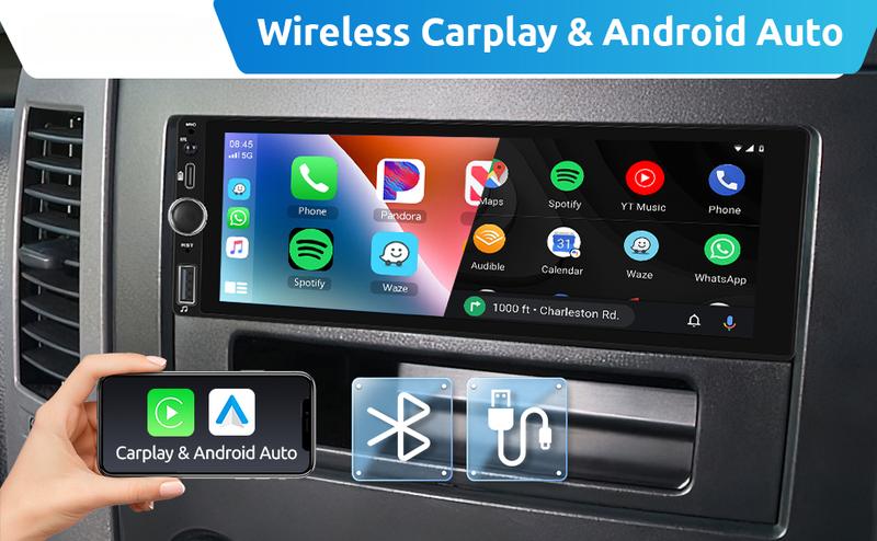 Single Din Car radio with Wireless CarPlay/Android Auto, Bluetooth Handsfree Car Radio 6.86 Inch IPS Touch Screen Single DIN MirrorLink FM/EQ/AUX/USB/SWC/Type-C with Camera MIC