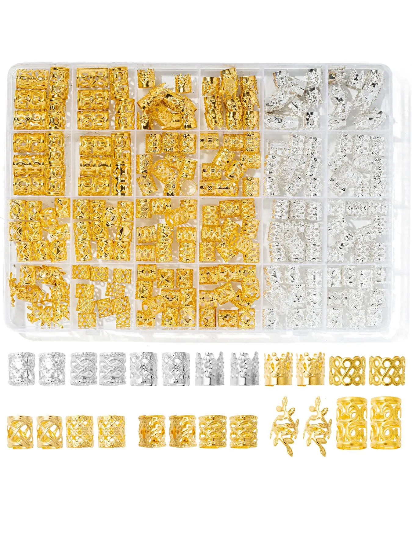 220Pcs Gold Hair Jewelry for Braids, 12 Styles Gold and Silver Hair Accessories Cuff for Braids and Dreadlocks, Adjustable Metal Rings Cuffs Clips for Dreadlock Accessory Jewelry Decorations Pirate Hair Accessories Women