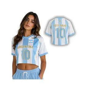 Argentina Crop Top Football Jersey Personalized, Custom Name Number Soccer Fan Crop Shirt Women