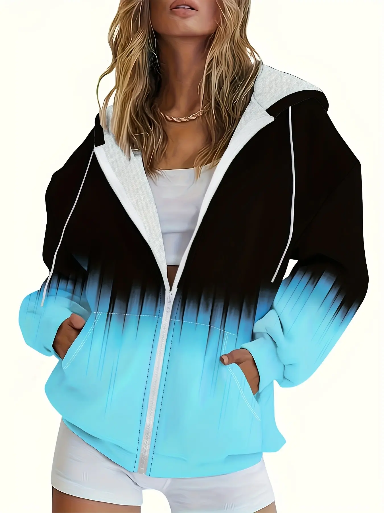 Gradient Color Hooded Zipper Jacket for Women, Fashion Casual Sporty Jacket, Blue Patchwork Versatile Style, Spring & Fall Wear