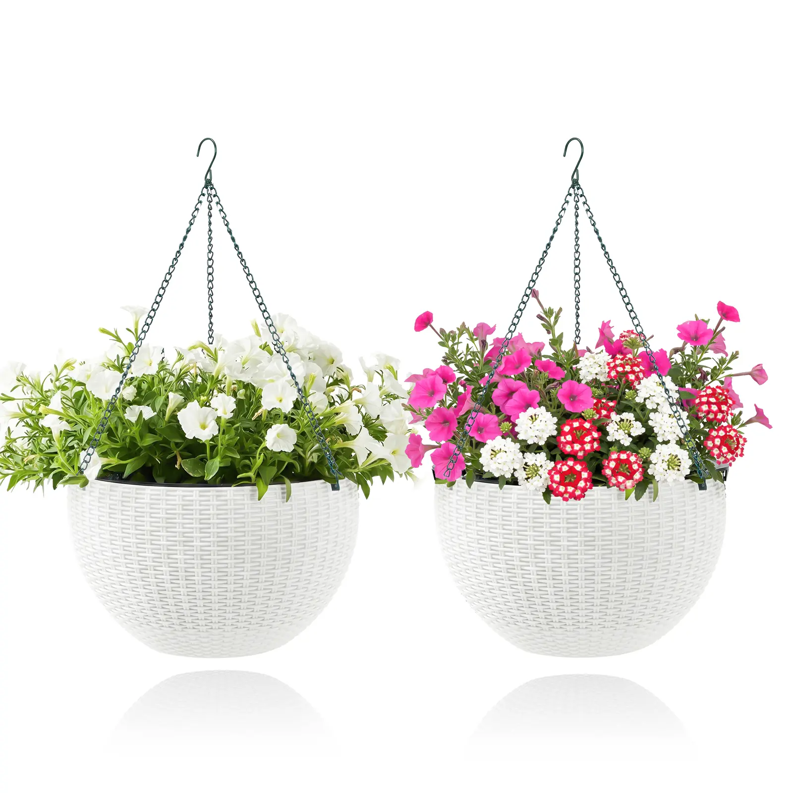 Garvee Self-Watering Hanging Flower Baskets Set – Large Rattan Wicker Resin Planters with Drainage Plug, Metal Triple Chain, Perfect for Outdoor Garden, Patio, Balcony, Plastic Hanging Baskets – 2-Piece Set