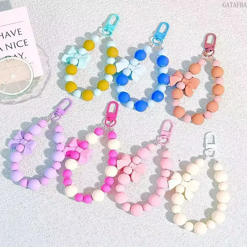 Pastel Beaded Loop Bag Charm, Bow Accent Wrist Strap Keychain, Trendy Colorful Accessory for Backpacks and Handbags Daily Use