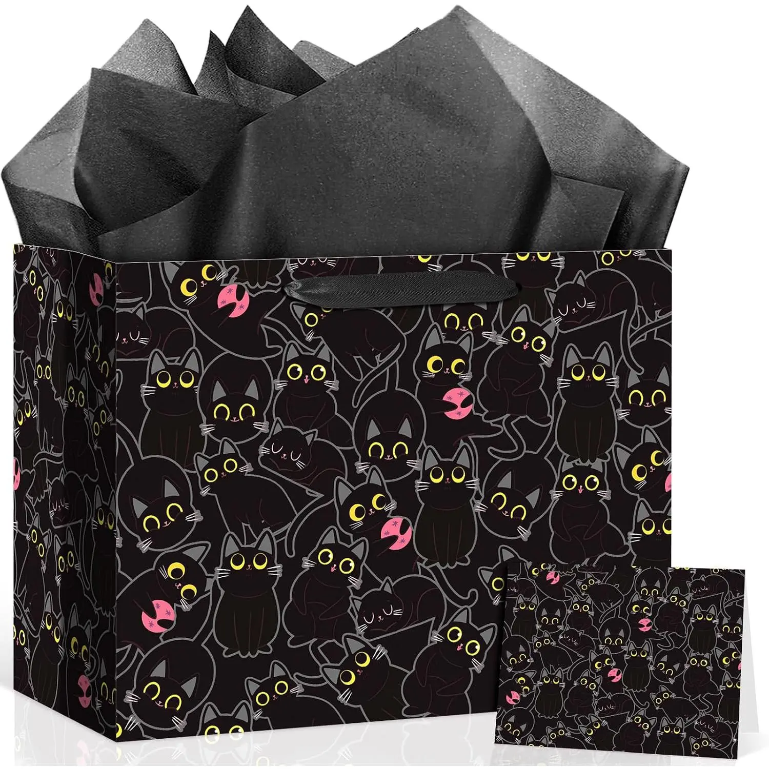 Large Black   Bag,Funny  Birthday  Wrapping Paper Bag Black Meow Party Decorations with Card and Tissue Paper for Girl Boy  Shower Christmas Party Favor Supplies