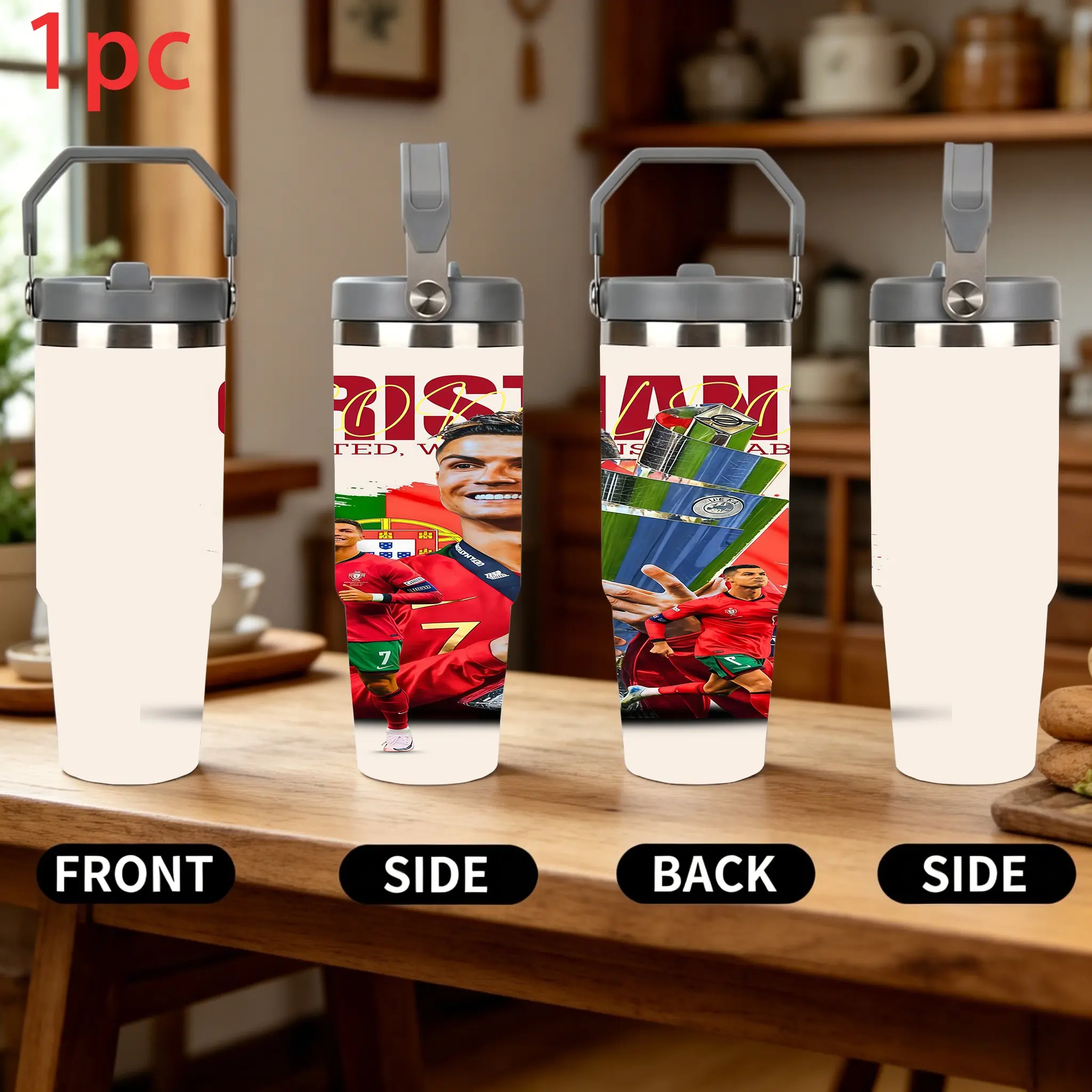 1pc 30oz Stainless Steel Insulated Water Bottle, Cristiano Ronaldo Design, Keeps Drinks Hot/Cold for Hours, Spill-Proof Travel Mug, Leakproof Tumbler, Great Gift for Parents, Relatives, Friends, and Coworkers, ideal gift for friends who love football.