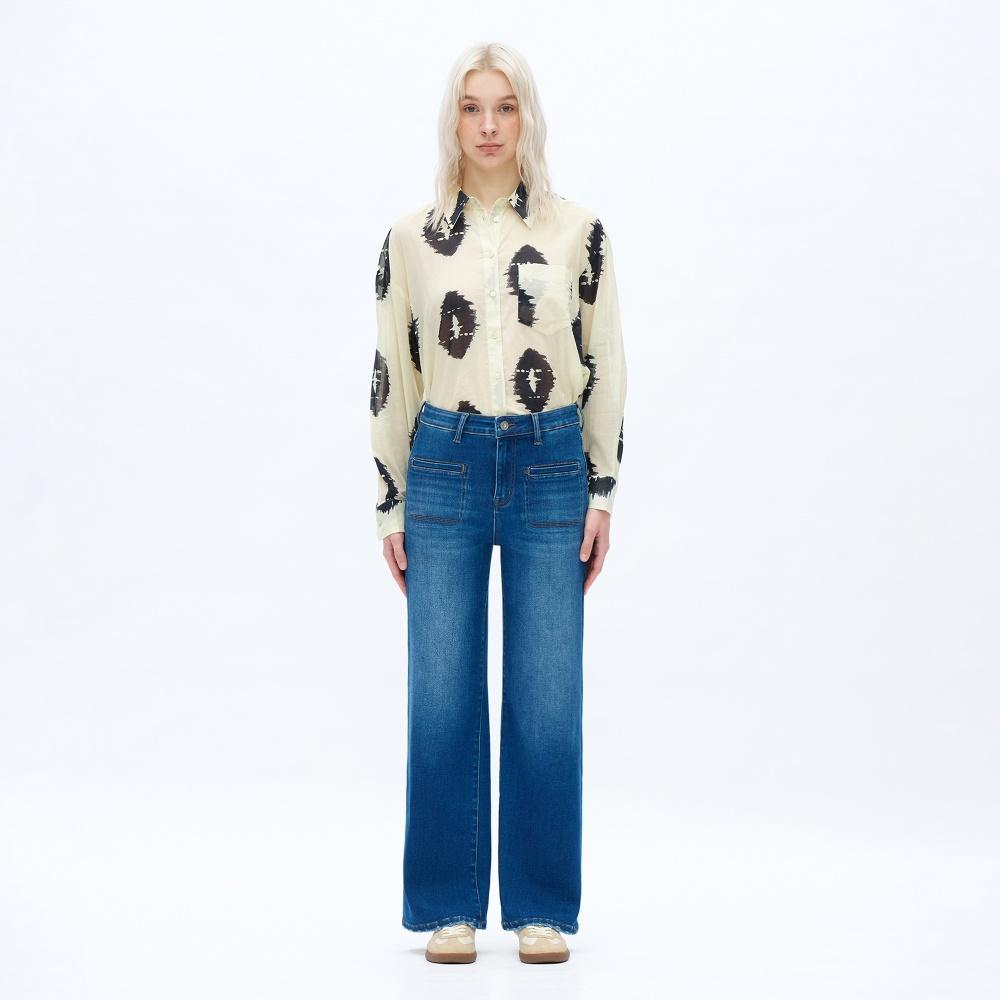 Women’s Retro Medium Wash High-Waisted Wide-Leg Jeans, Straight Fit Denim Trousers with Patch Pockets, Casual All-Season Streetwear m&m