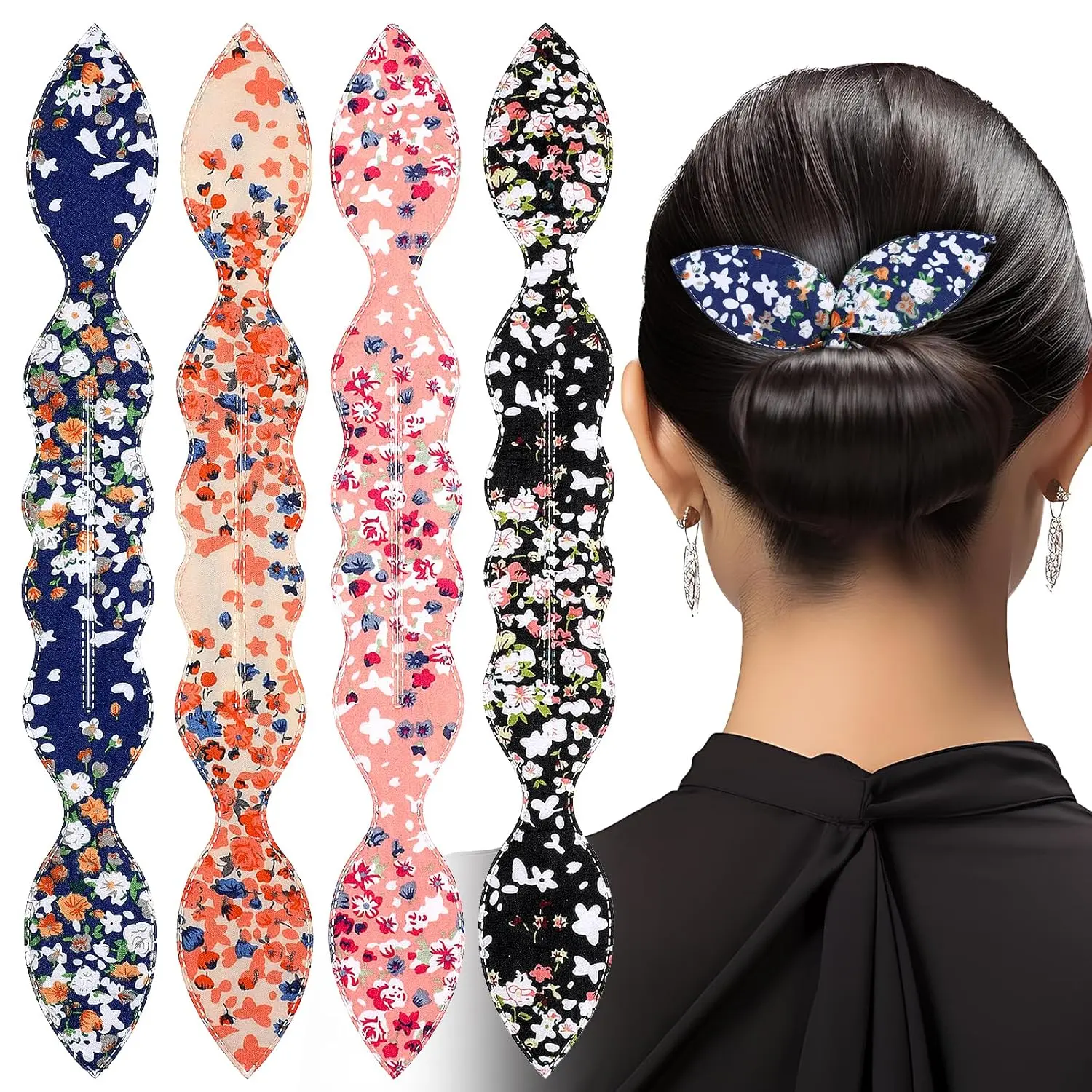 4 Pcs Hair Bun Maker Donut Buns for Hair French Twist Tool Updo Accessories Bun Makers for Women Adjustable Non-Slip Fabric with Metal Bar