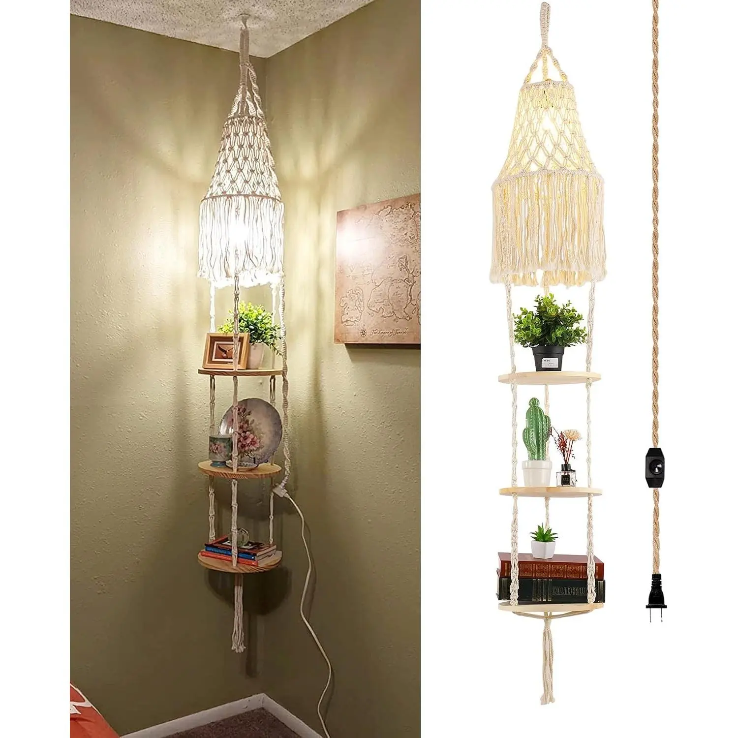 Boho Plug in Pendant Light Hanging Light with Plug in Cord,Dimmable Switch Hanging Lamp Macrame Lamp Shade and Plant Holder Shelf Indoor for Bohemian Decor Bedroom Corner Living Room