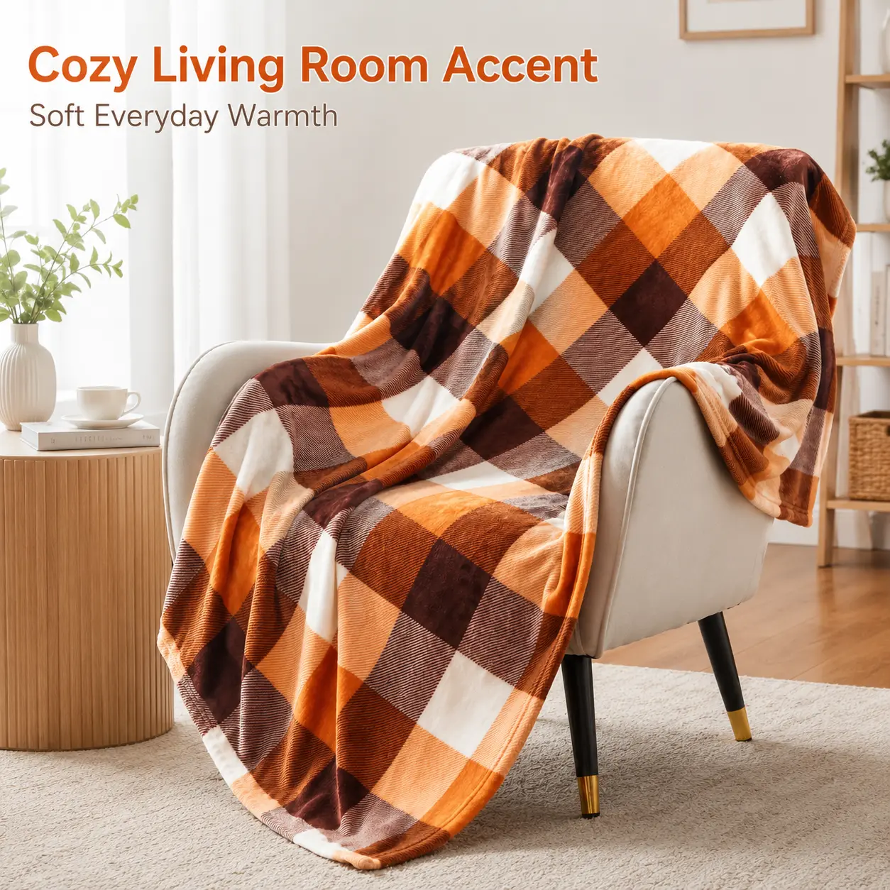Orange Plaid Flannel Throw Blanket, Ultra-Soft Lightweight Cozy Fleece, Brown-Cream Checkered for Couch Bed Sofa, Machine-Washable Fall Home Decor Gift
